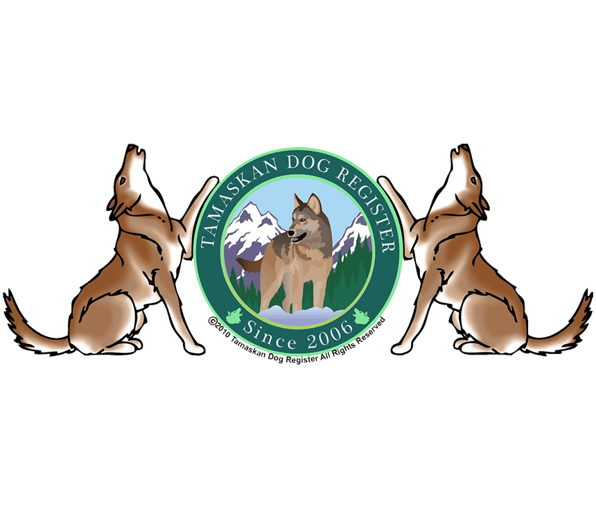 TDR, Tamaskan Dog Register Logo (two howling Tamaskans on either side of TDR seal - Seal has two toned green outline with registry name and foudnation date with a tamaskan in front of mountains in the center)