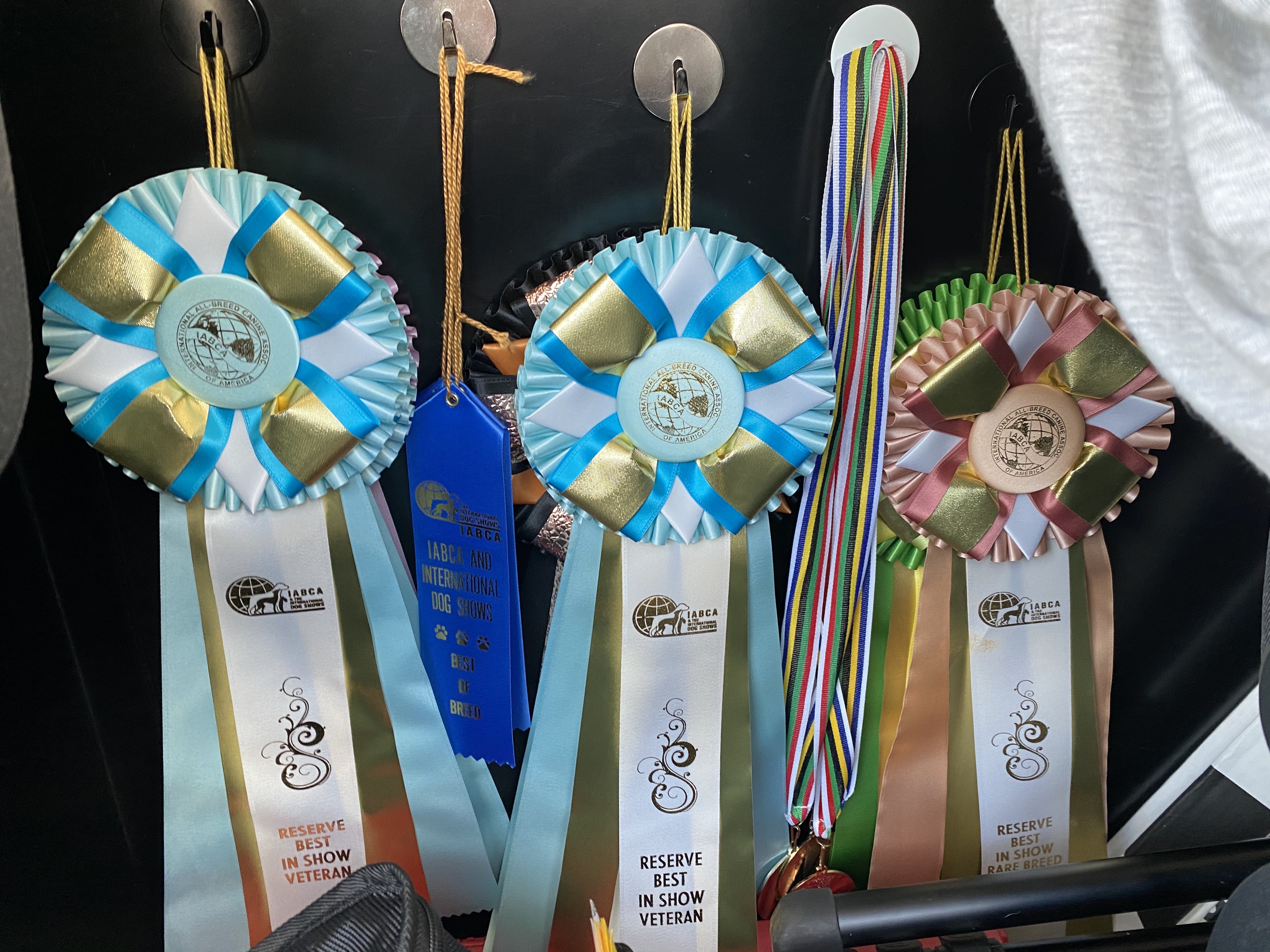 Three stacks of hanging rosetts with flat ribons and medals