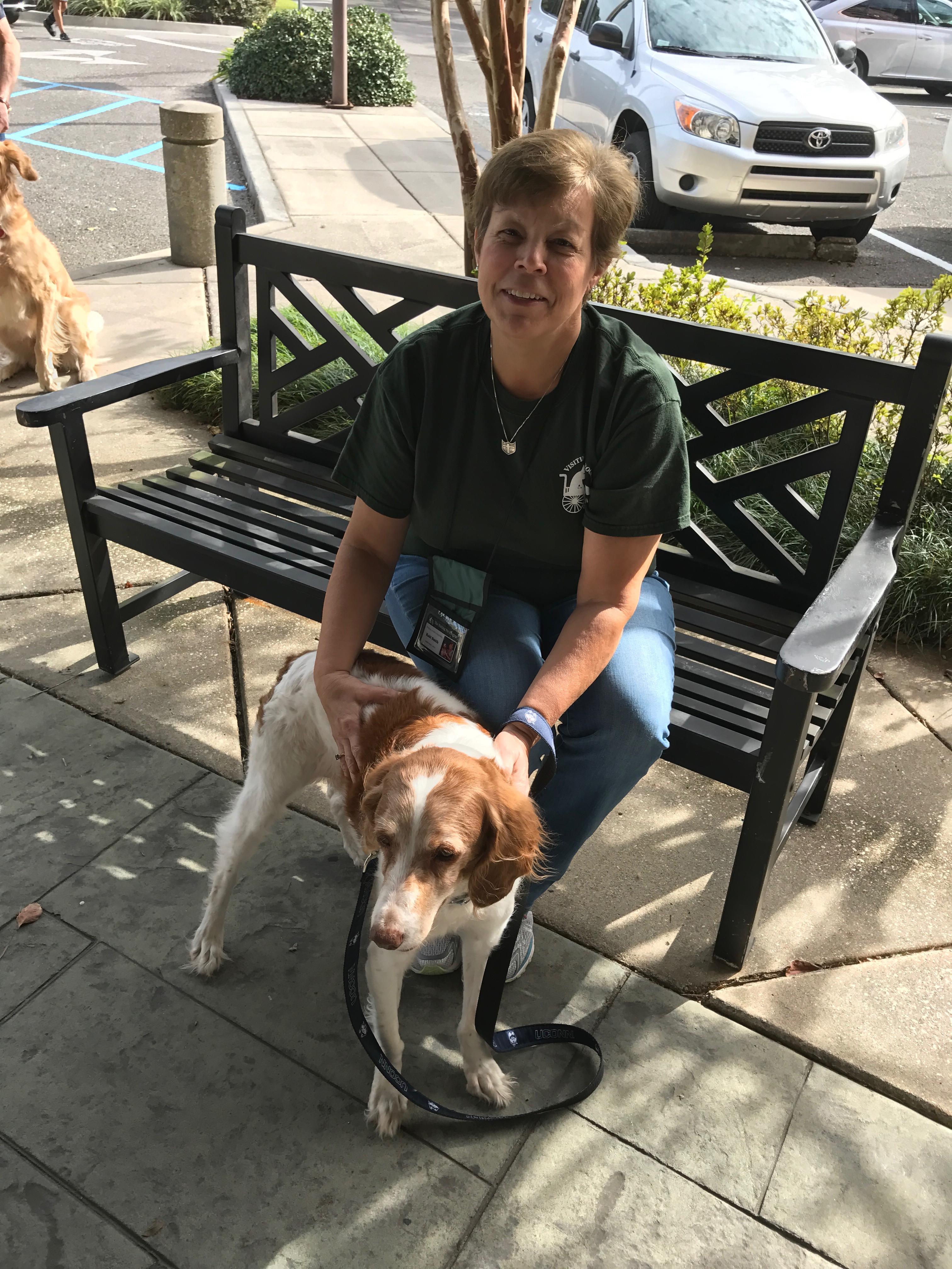 Chloe the Therapy dog, Smith family via Visiting Pet Program - A Brittany looking into the foreground with handler on a bench